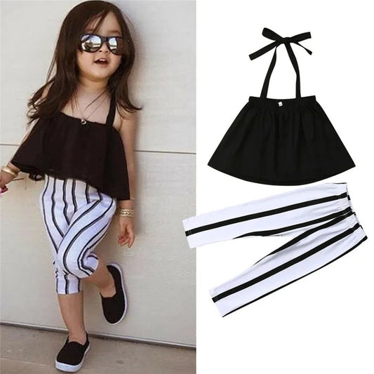 1-6T Fashion Summer Clothing Girl Strap Tops+Striped Pants Toddler Outfits Girls Clothes Sets