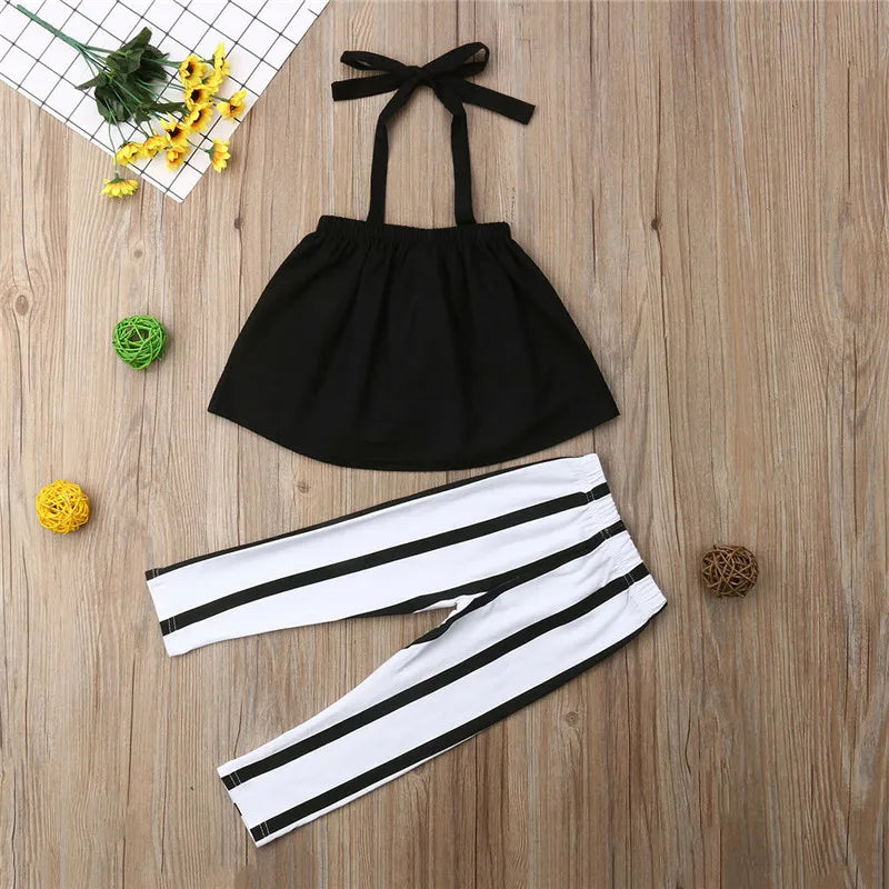 1-6T Fashion Summer Clothing Girl Strap Tops+Striped Pants Toddler Outfits Girls Clothes Sets