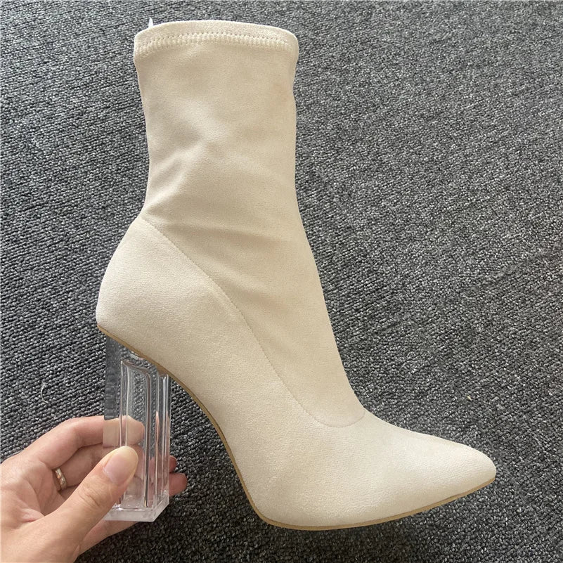 2023 Women 10cm High Heels Suede Ankle Boots Lady Stripper Winter Block Clear Heels Short Booties Transparent Apricot Prom Shoes