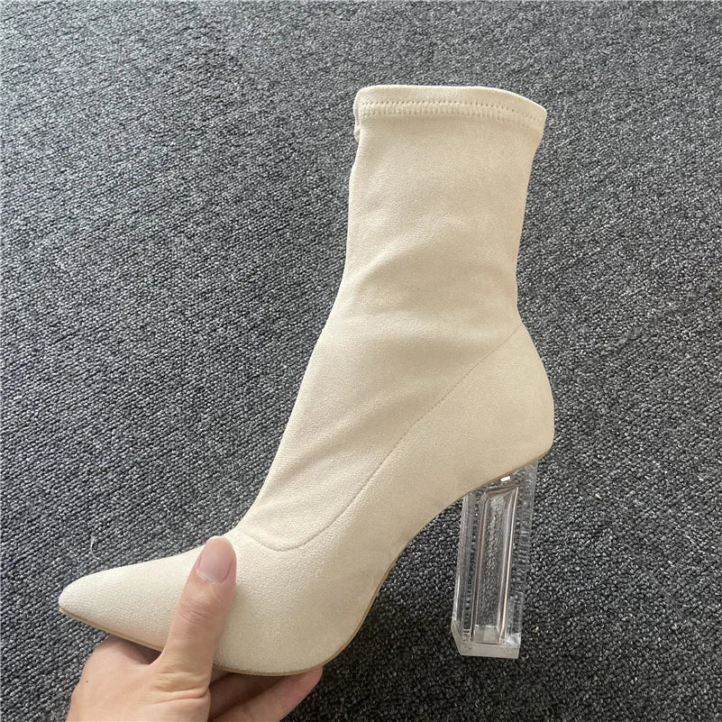 2023 Women 10cm High Heels Suede Ankle Boots Lady Stripper Winter Block Clear Heels Short Booties Transparent Apricot Prom Shoes