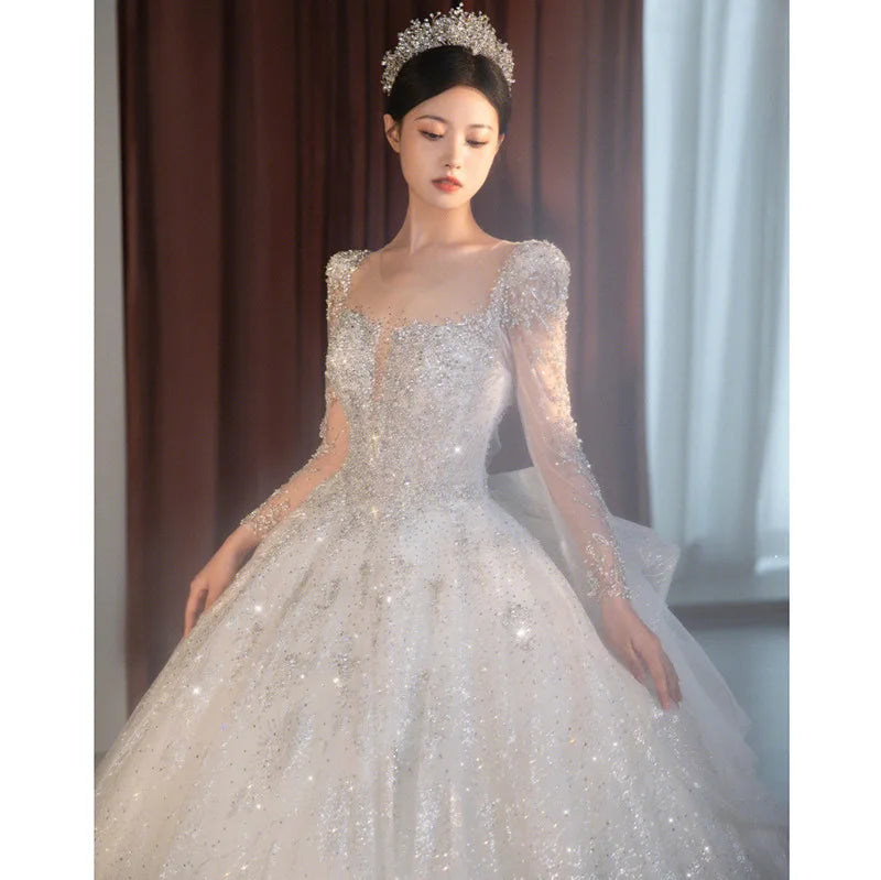 2023 Long Sleeve Beading Wedding Dress Sexy See Through Square Collar Luxury Sweep Train Winter Bridal Gowns Vestido De Noiva