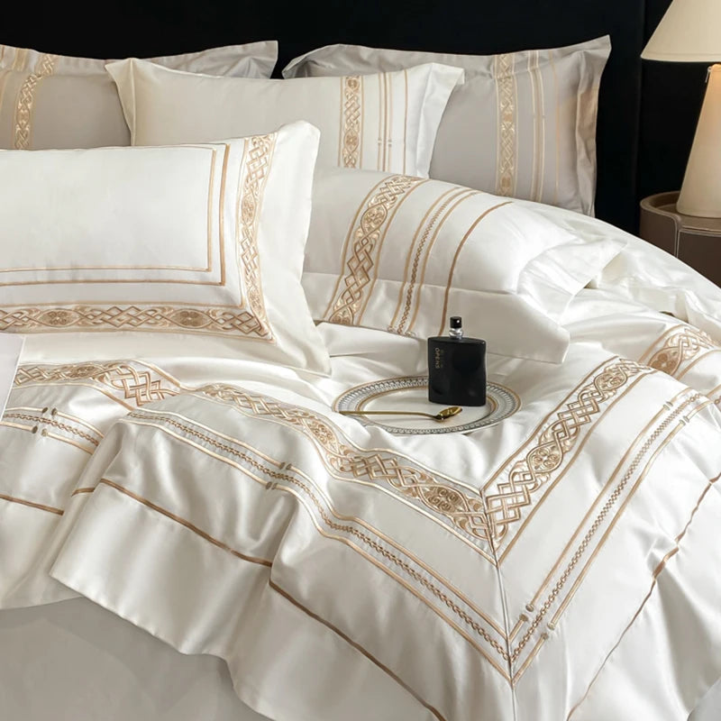 100% Egyptian Cotton Luxury Gold Embroidery Hotel Style Bedding White Grey Duvet Cover Set Fitted Sheet Bed Sheet Pillowcases