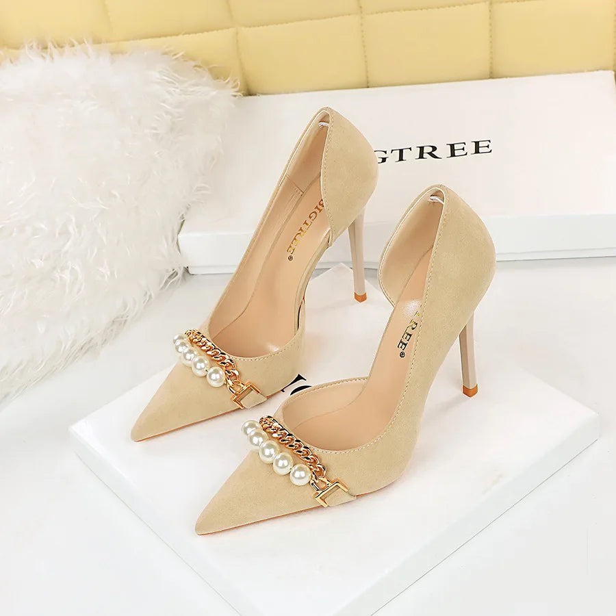 2024 New Fashion Pearl Chain Office Women Pumps Black Flock Side Hollow High Heels Stiletto Pointed Toe Female Party Shoes Dress