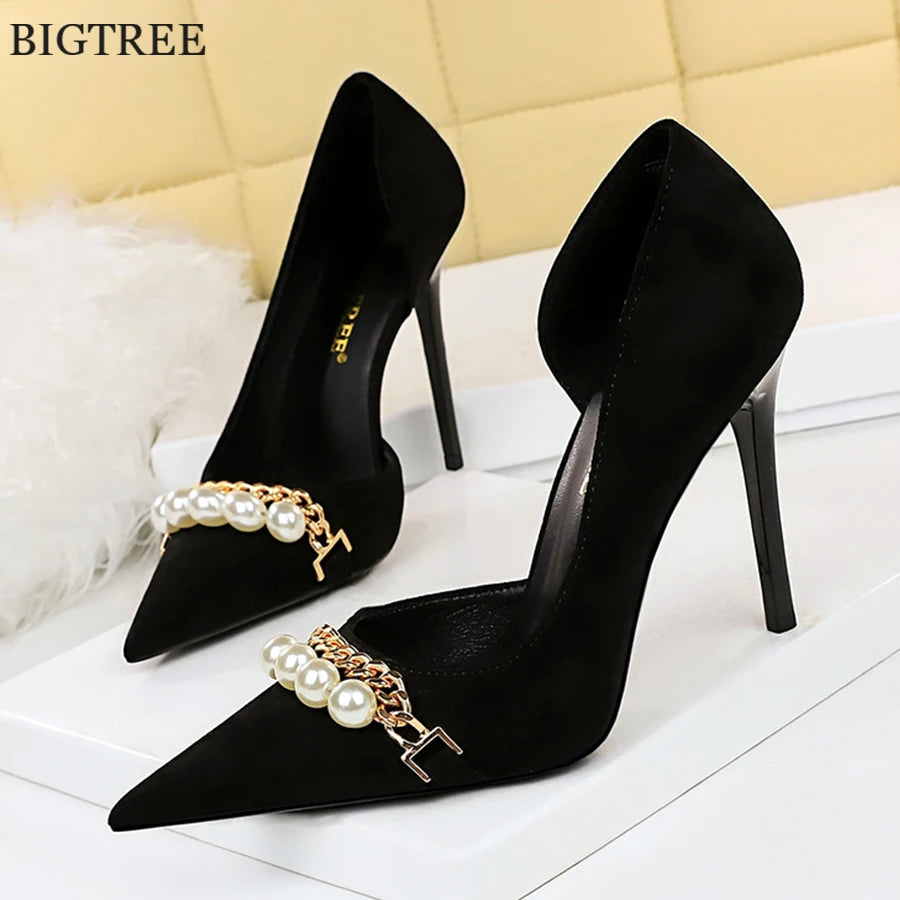 2024 New Fashion Pearl Chain Office Women Pumps Black Flock Side Hollow High Heels Stiletto Pointed Toe Female Party Shoes Dress